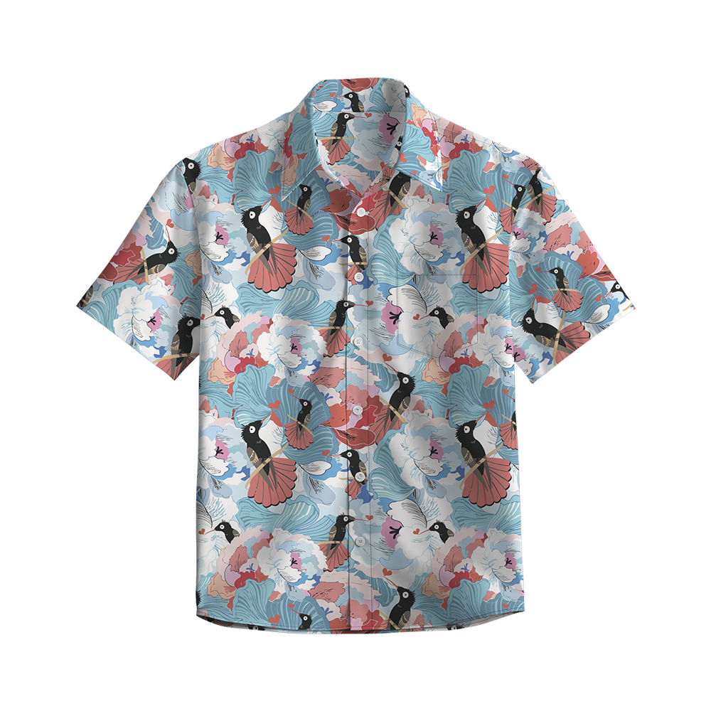 100% Cotton Men's Blue Bird Hawaii Print Short Sleeve Shirt