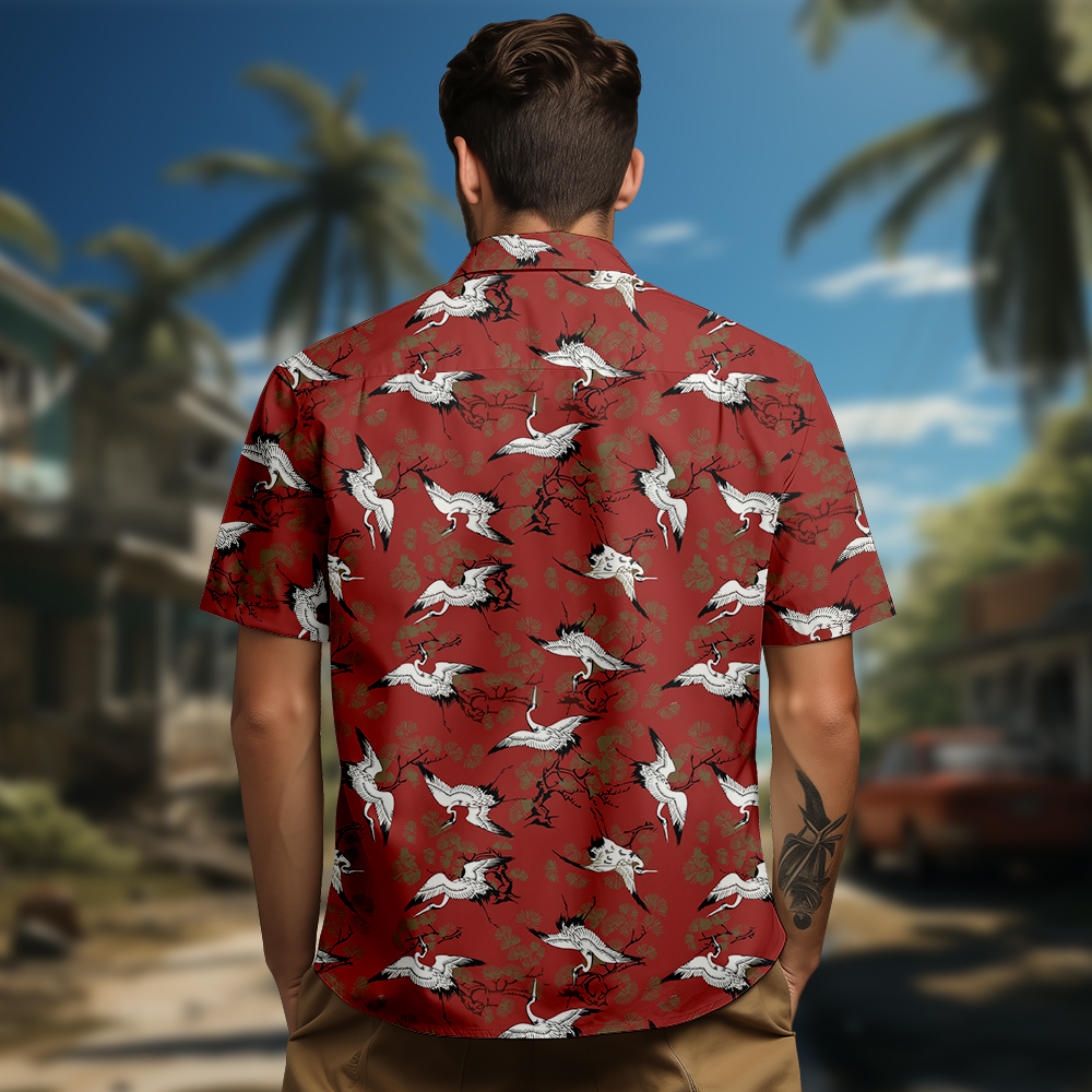 100% Cotton Men's Red Crane Print Short Sleeve Shirt