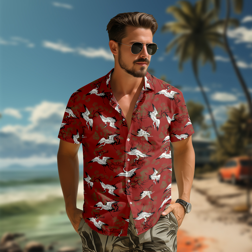 100% Cotton Men's Red Crane Print Short Sleeve Shirt
