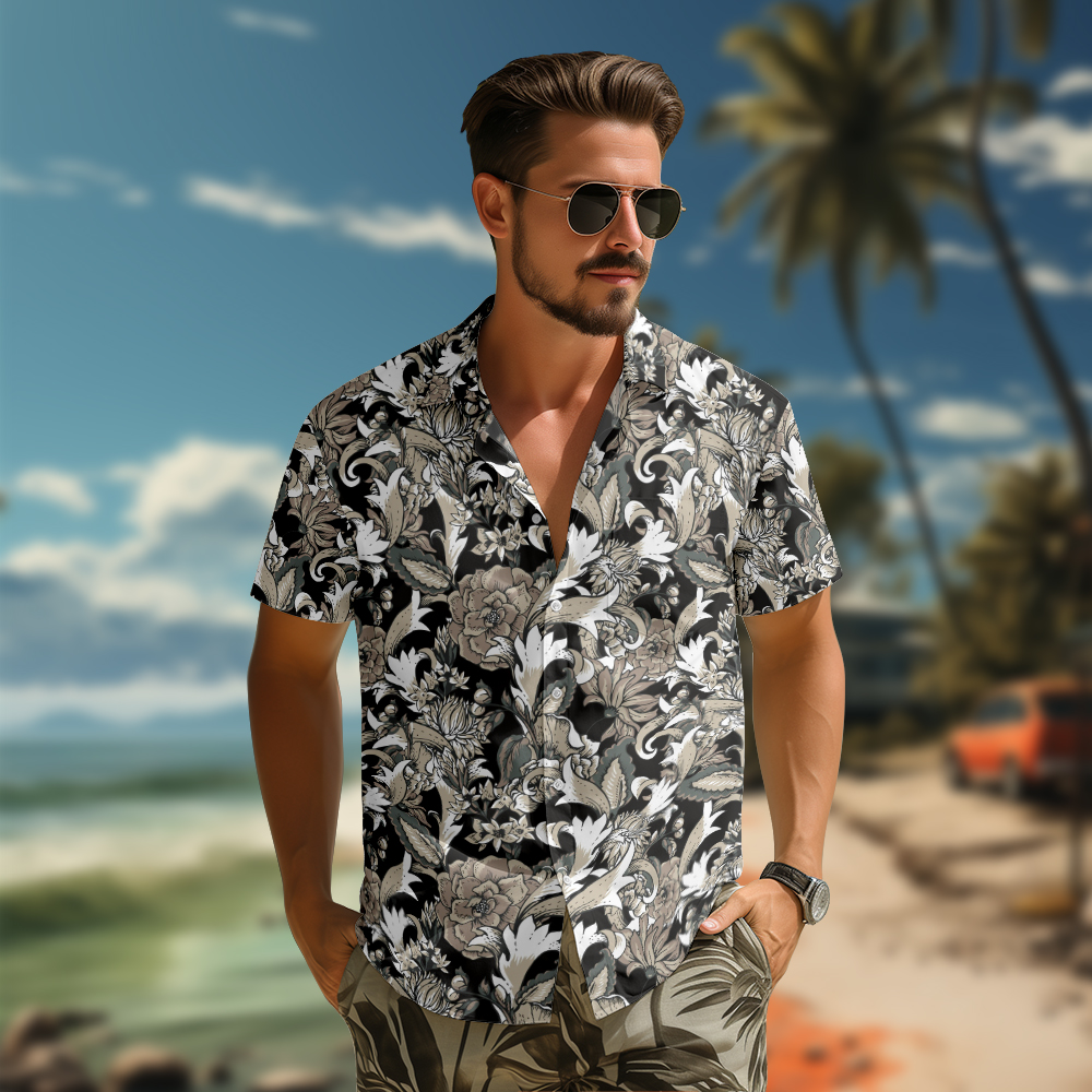 100% Cotton Men's Brown Floral Print Short Sleeve Shirt