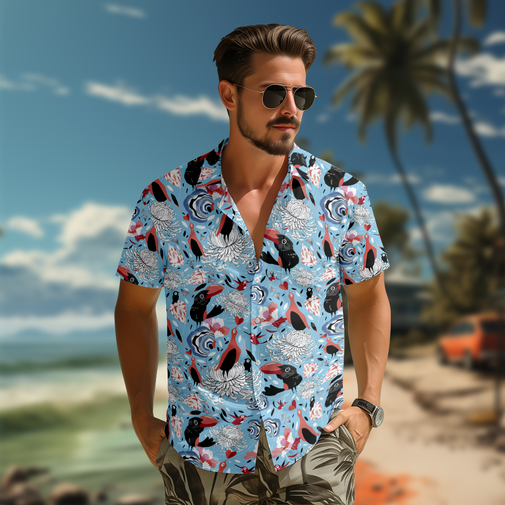 100% Cotton Men's Blue Bird Floral Print Short Sleeve Shirt