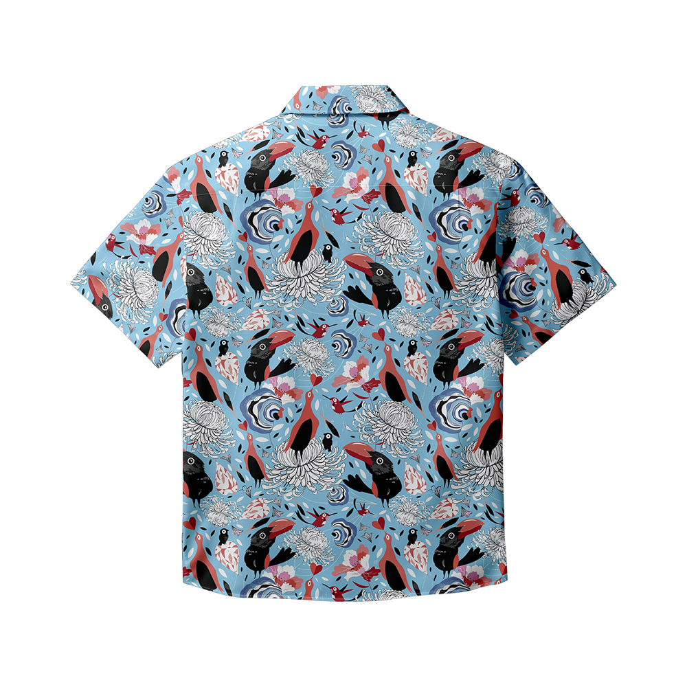 100% Cotton Men's Blue Bird Floral Print Short Sleeve Shirt