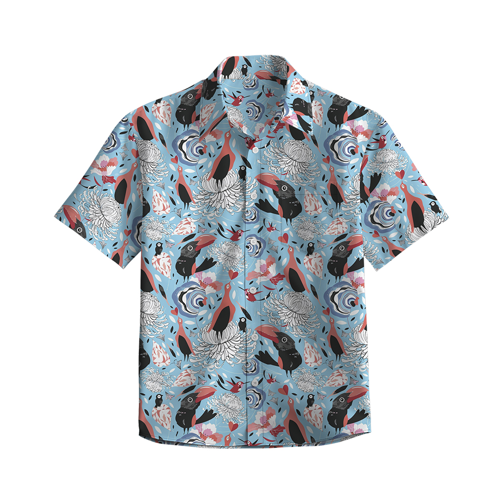 100% Cotton Men's Blue Bird Floral Print Short Sleeve Shirt