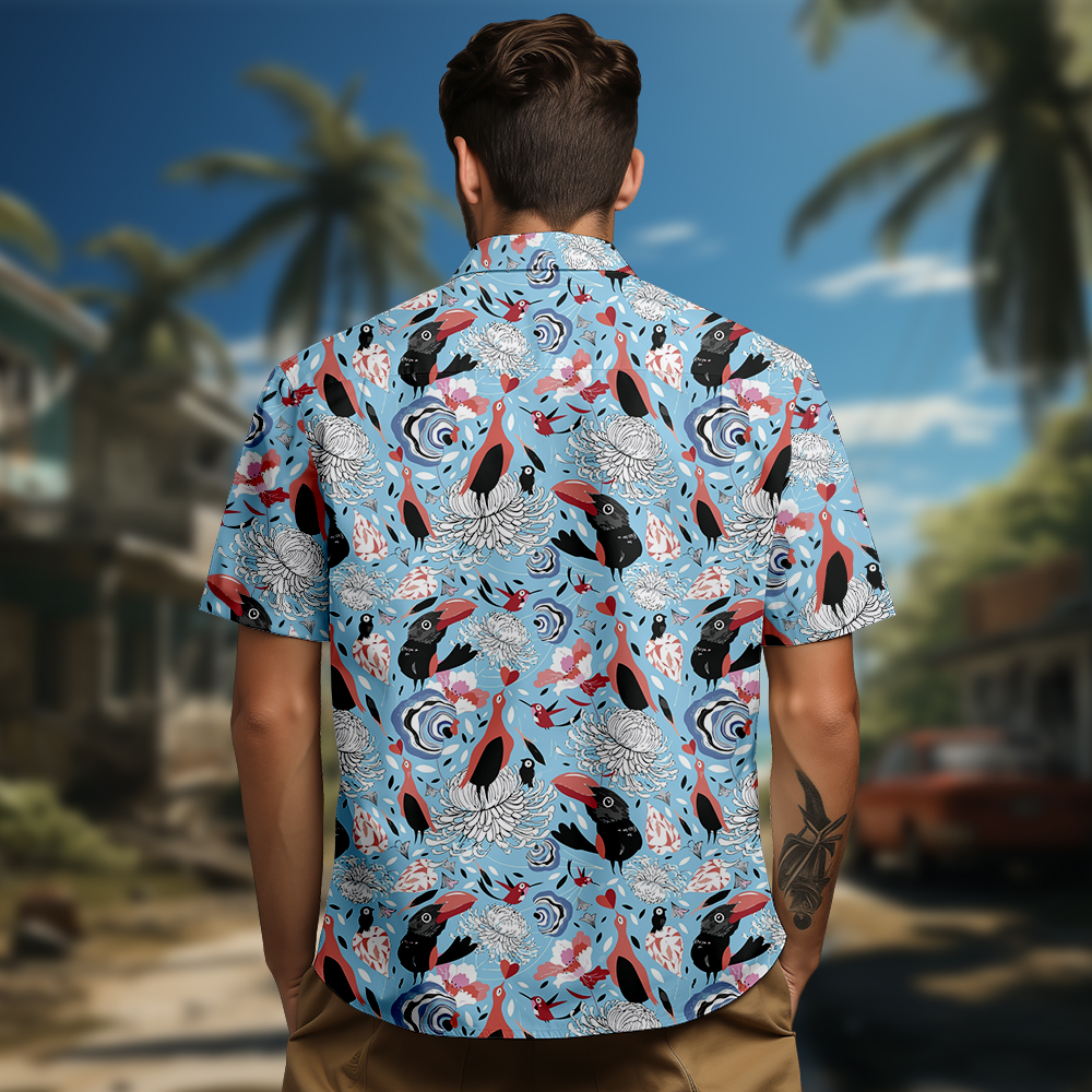 100% Cotton Men's Blue Bird Floral Print Short Sleeve Shirt