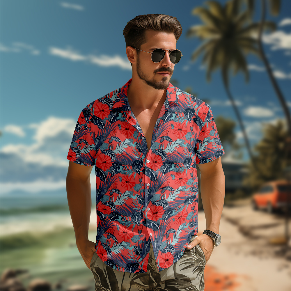 100% Cotton Men's Red Floral Print Short Sleeve Shirt