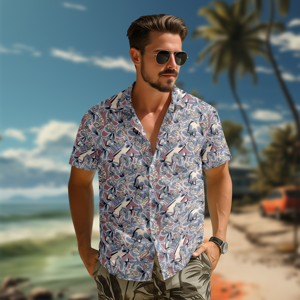 100% Cotton Men's Grey Retro Print Short Sleeve Shirt
