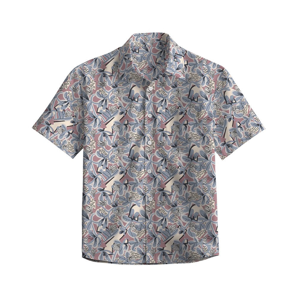 100% Cotton Men's Grey Retro Print Short Sleeve Shirt