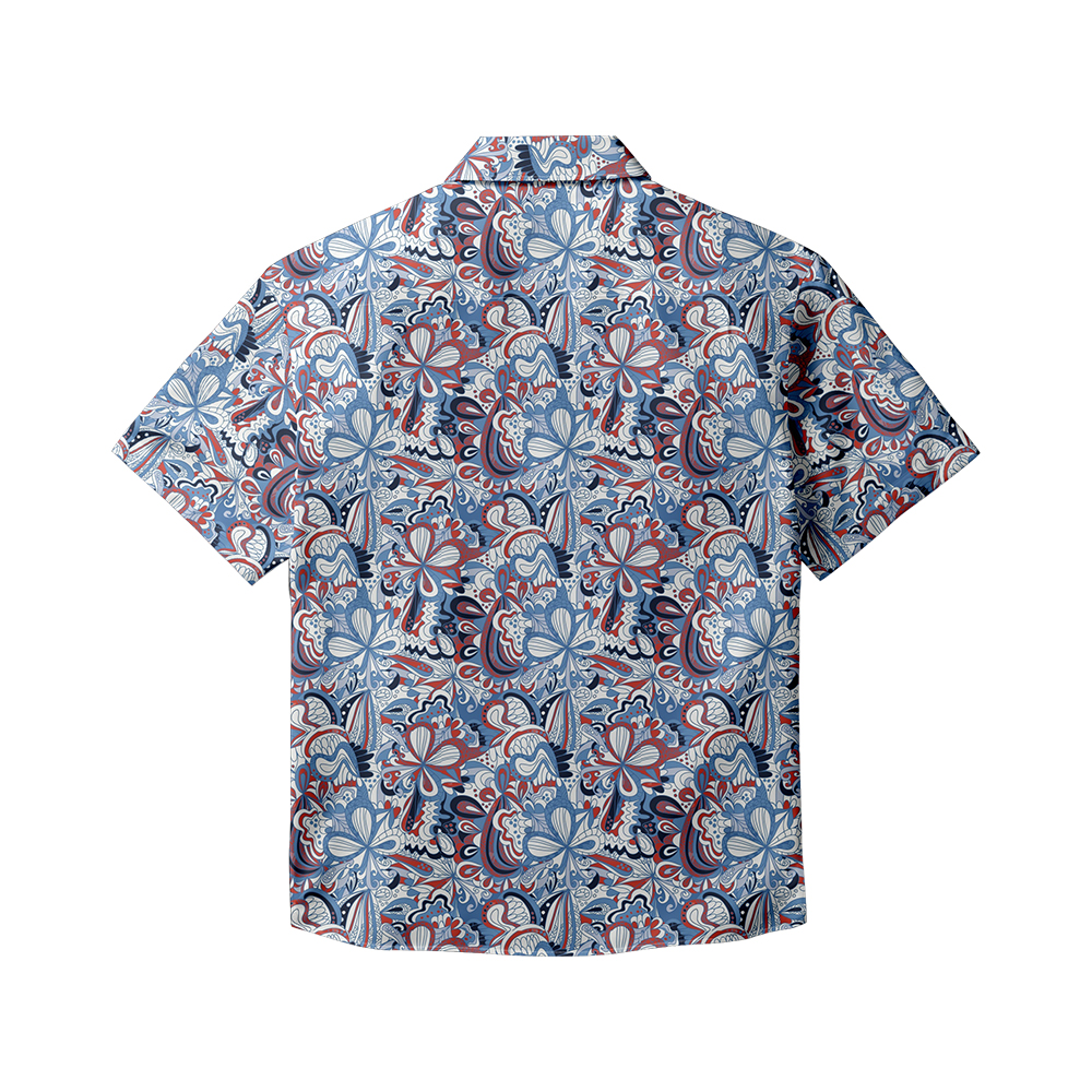 100% Cotton Men's Blue Floral Totem Print Short Sleeve Shirt