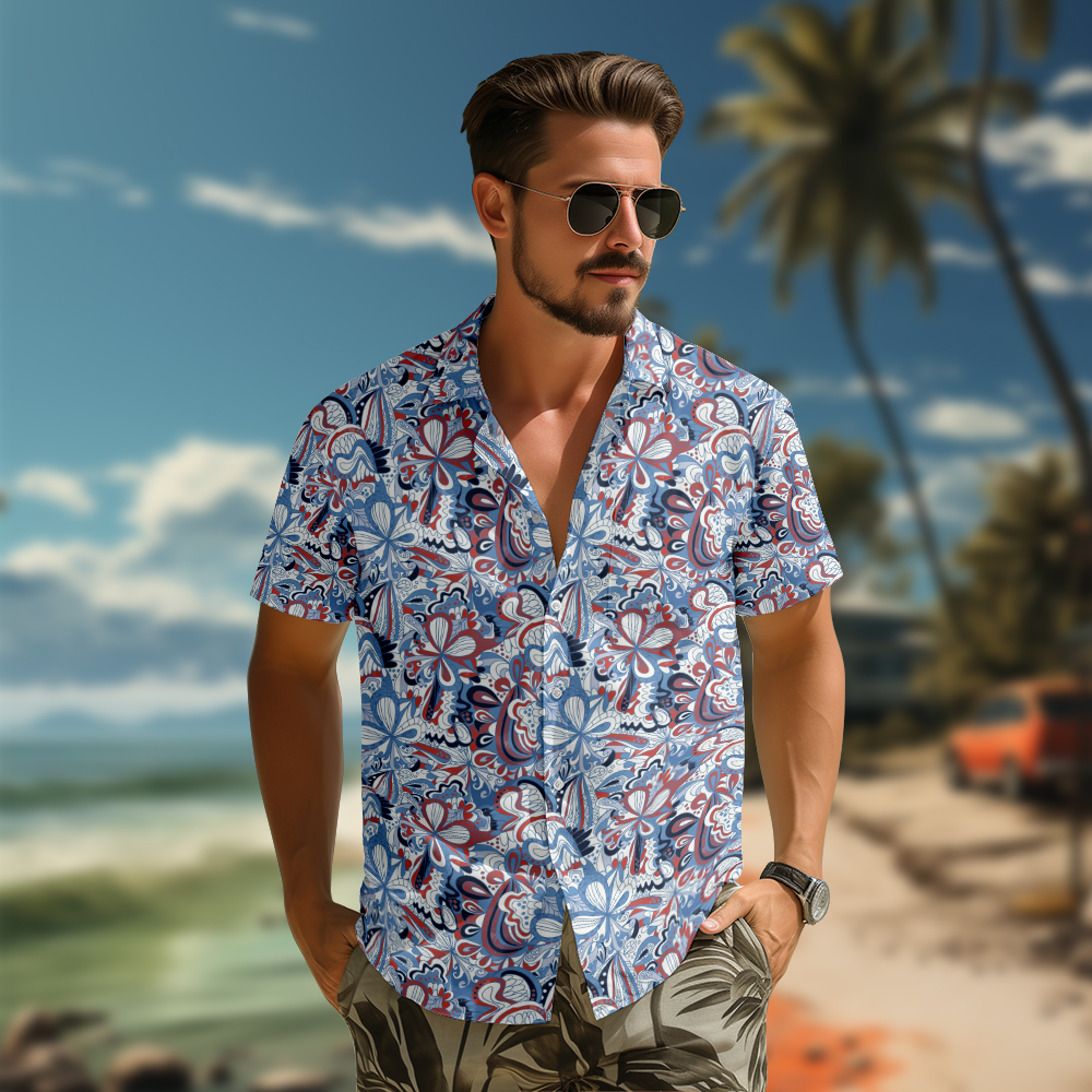 100% Cotton Men's Blue Floral Totem Print Short Sleeve Shirt