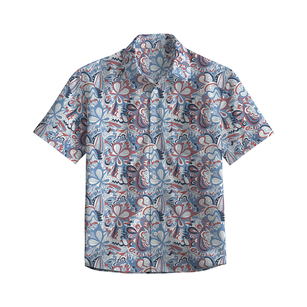 100% Cotton Men's Blue Floral Totem Print Short Sleeve Shirt