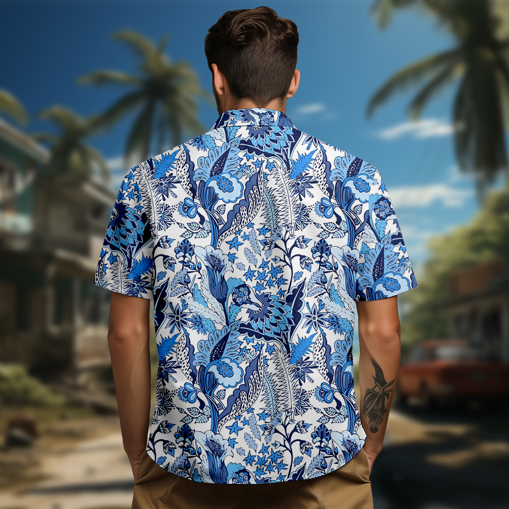 100% Cotton Men's Blue Floral Hawaii Print Short Sleeve Shirt