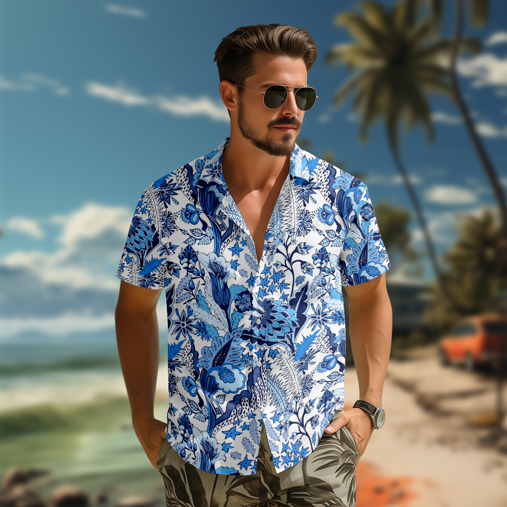 100% Cotton Men's Blue Floral Hawaii Print Short Sleeve Shirt