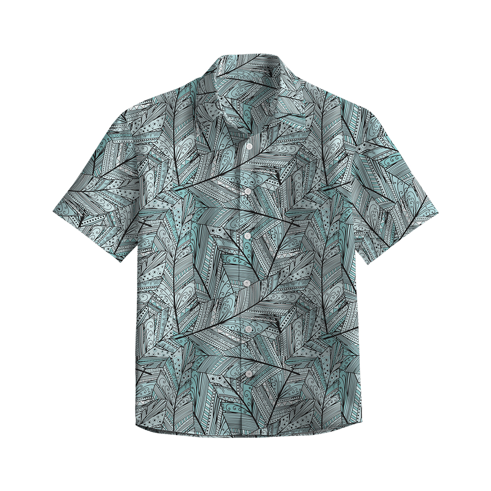 100% Cotton Men's Grey Leaves Hawaii Print Short Sleeve Shirt