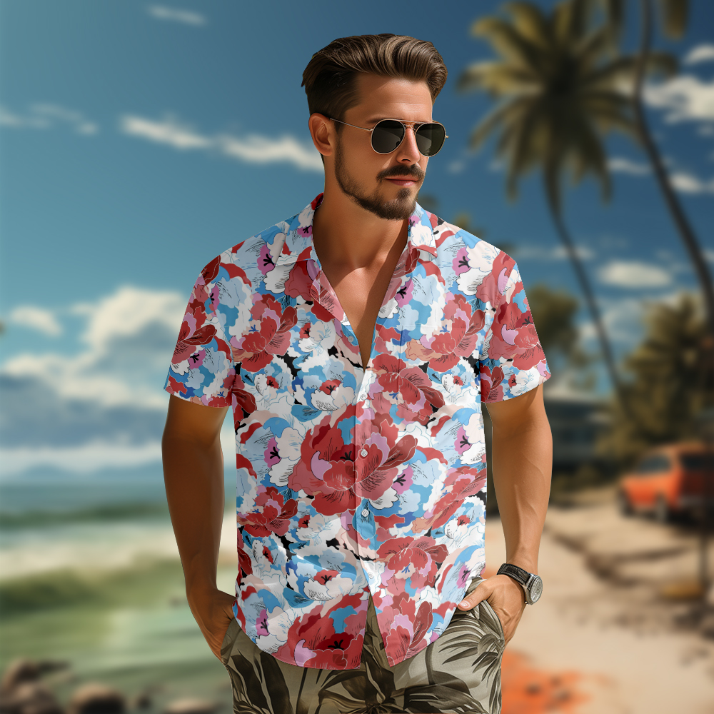 100% Cotton Men's Blue Floral Hawaii Print Short Sleeve Shirt
