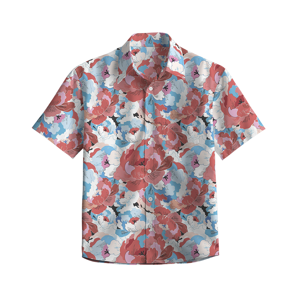 100% Cotton Men's Blue Floral Hawaii Print Short Sleeve Shirt