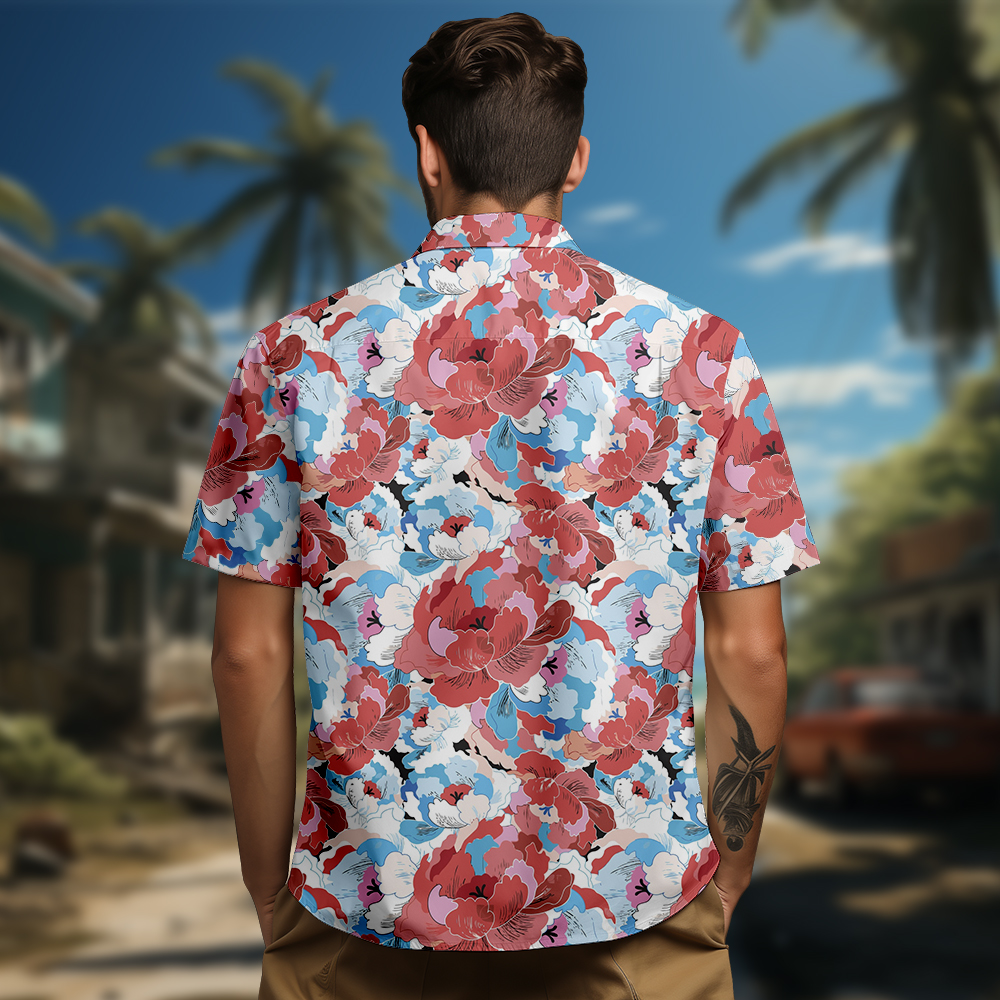 100% Cotton Men's Blue Floral Hawaii Print Short Sleeve Shirt