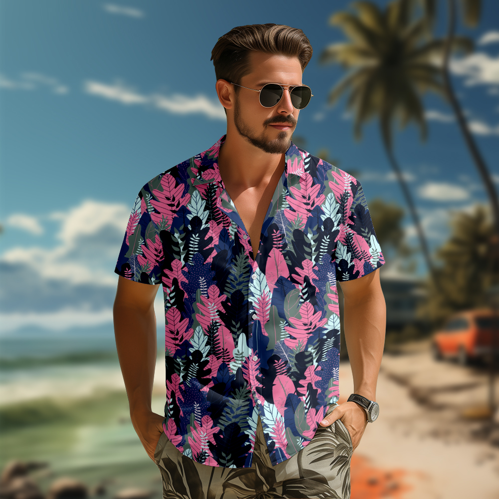 100% Cotton Men's Pink Forest Print Short Sleeve Shirt