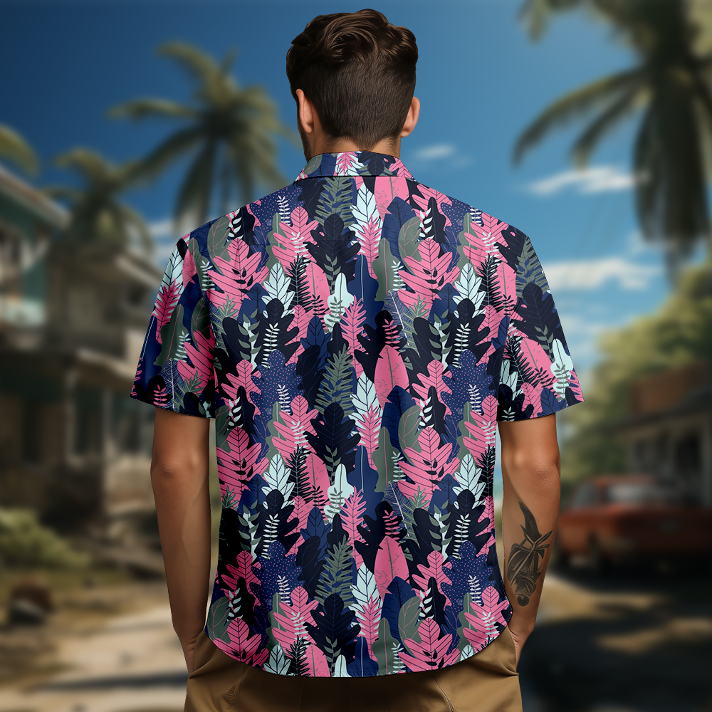 100% Cotton Men's Pink Forest Print Short Sleeve Shirt