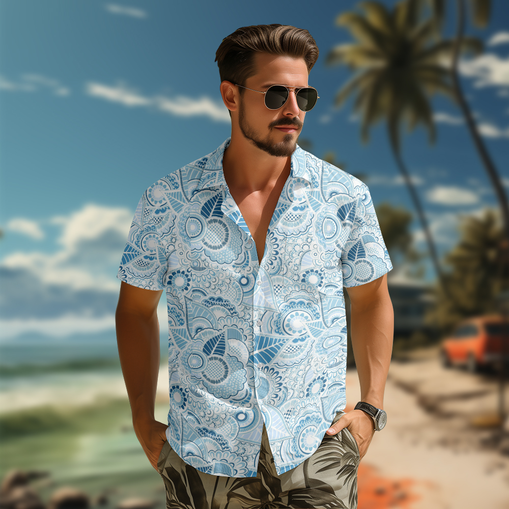 100% Cotton Men's Blue Summer Print Short Sleeve Shirt