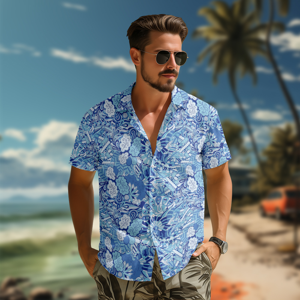 100% Cotton Men's Blue Jungle Print Short Sleeve Shirt