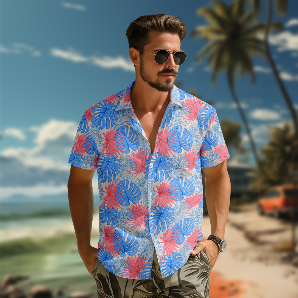 100% Cotton Men's Blue Leaves Print Short Sleeve Shirt