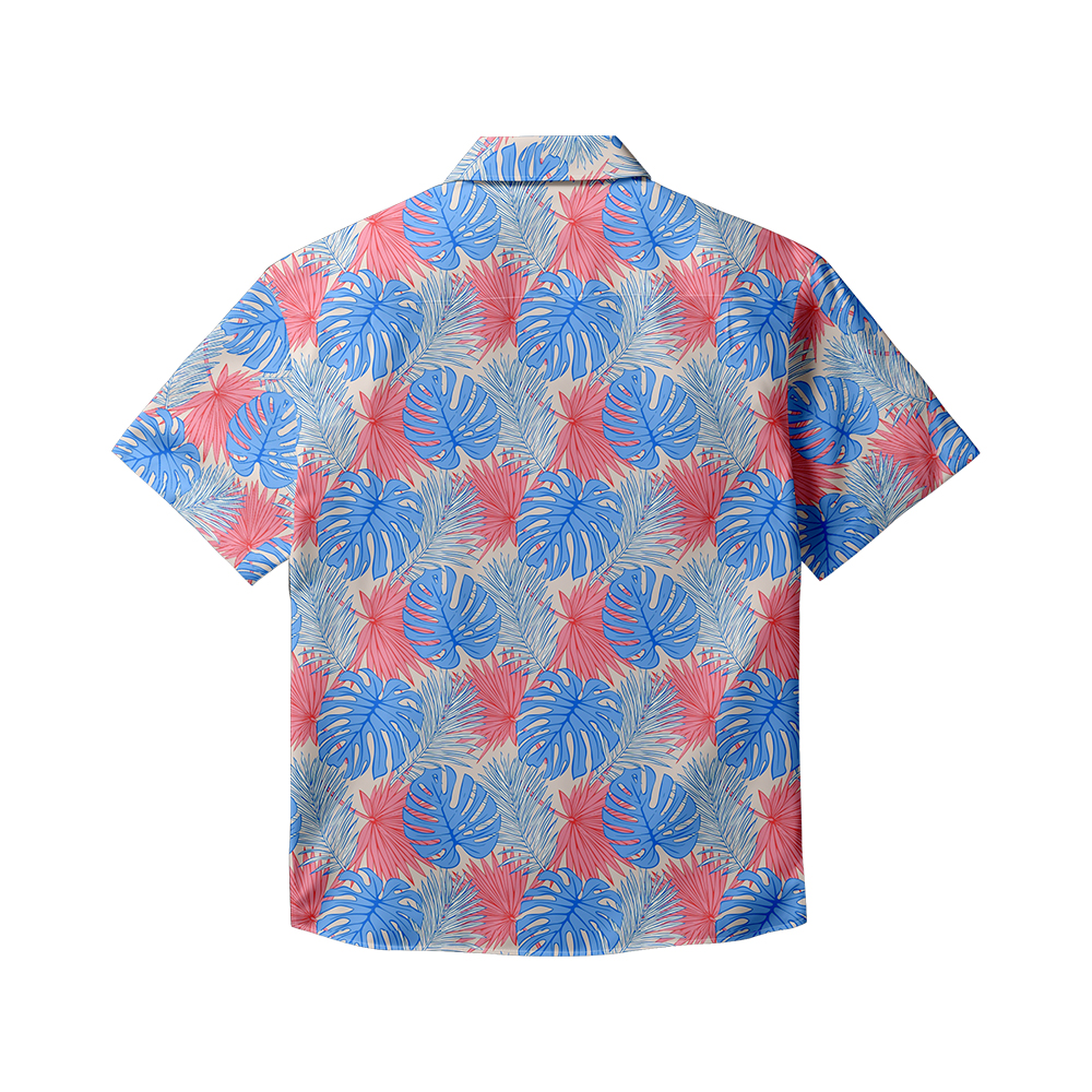 100% Cotton Men's Blue Leaves Print Short Sleeve Shirt