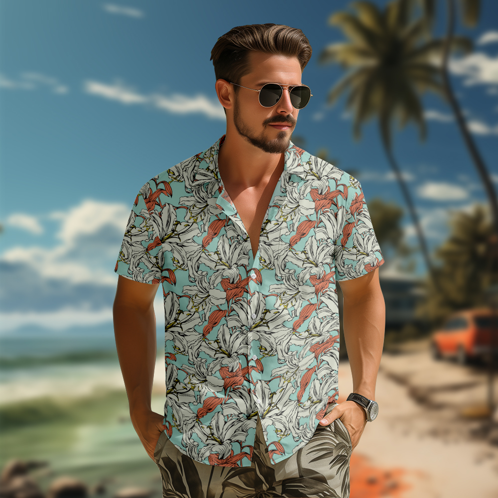 100% Cotton Men's Green Floral Print Short Sleeve Shirt