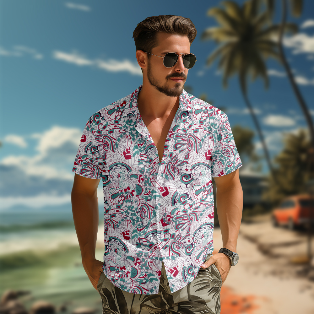100% Cotton Men's Red Ethnic Totem Print Short Sleeve Shirt