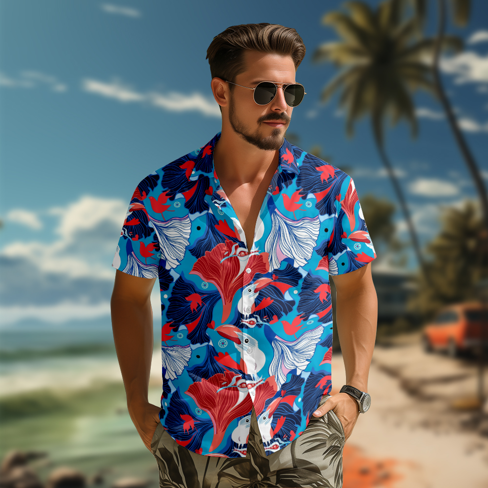 100% Cotton Men's Blue Bird Print Short Sleeve Shirt