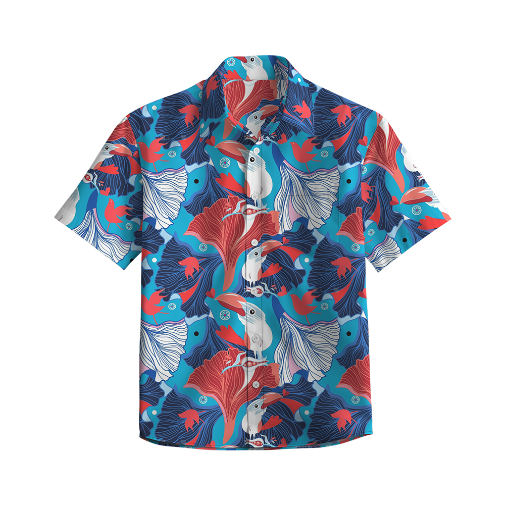100% Cotton Men's Blue Bird Print Short Sleeve Shirt