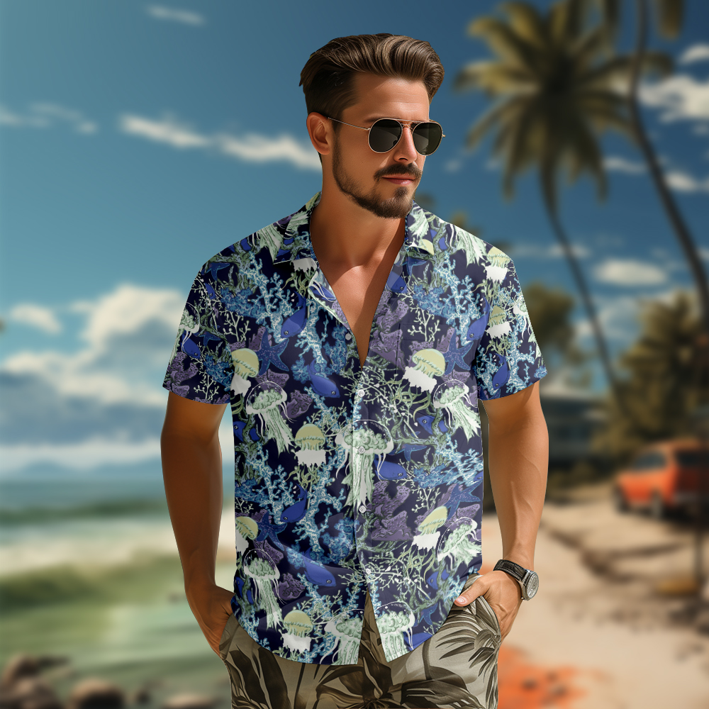 100% cotton Men's blue jellyfish print short sleeve shirt