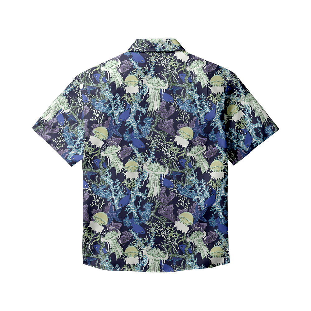 100% cotton Men's blue jellyfish print short sleeve shirt