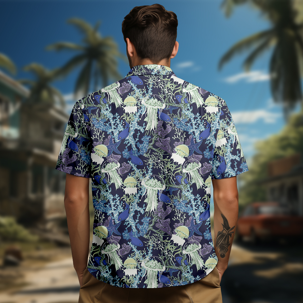 100% cotton Men's blue jellyfish print short sleeve shirt
