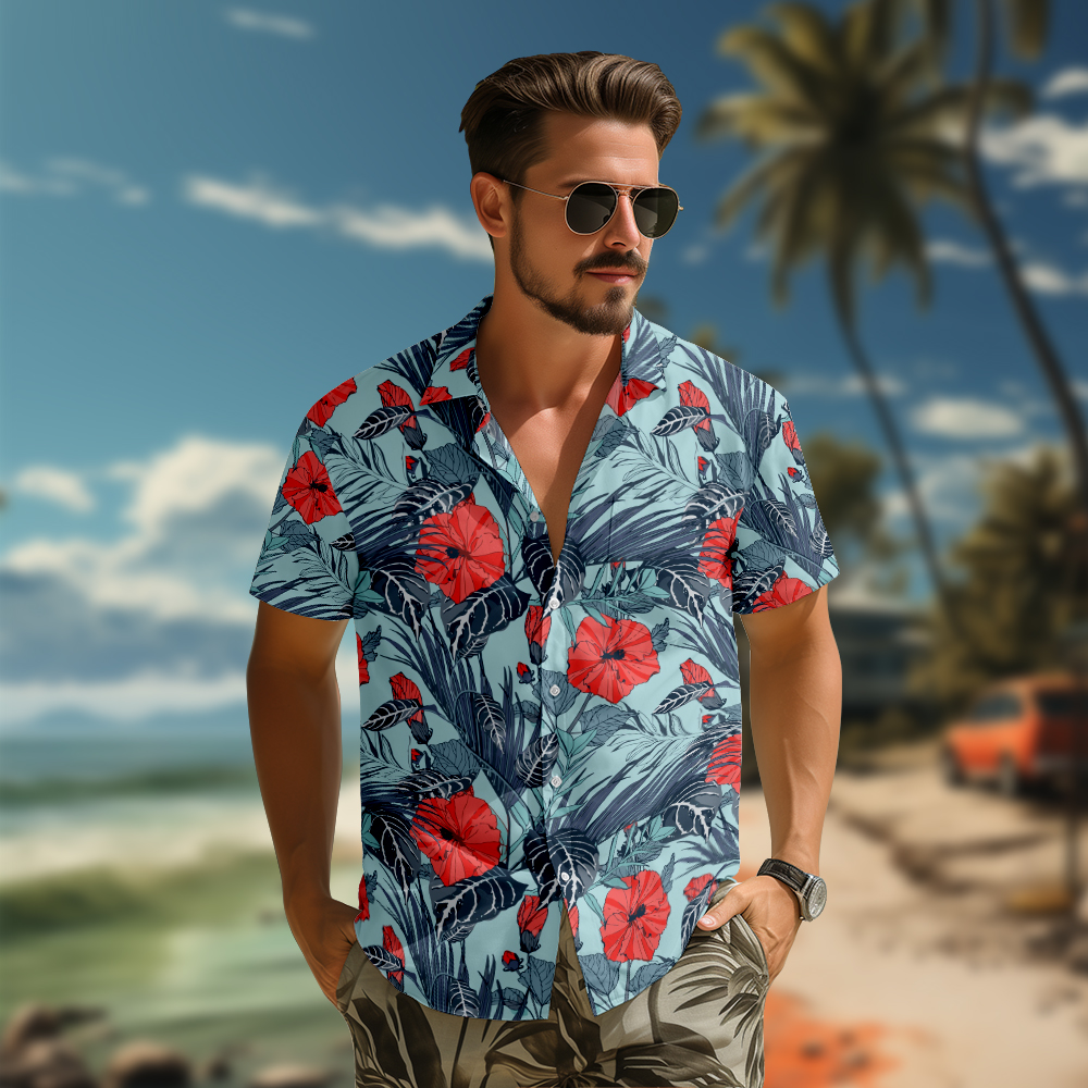 100% Cotton Men's Blue Floral Print Short Sleeve Shirt