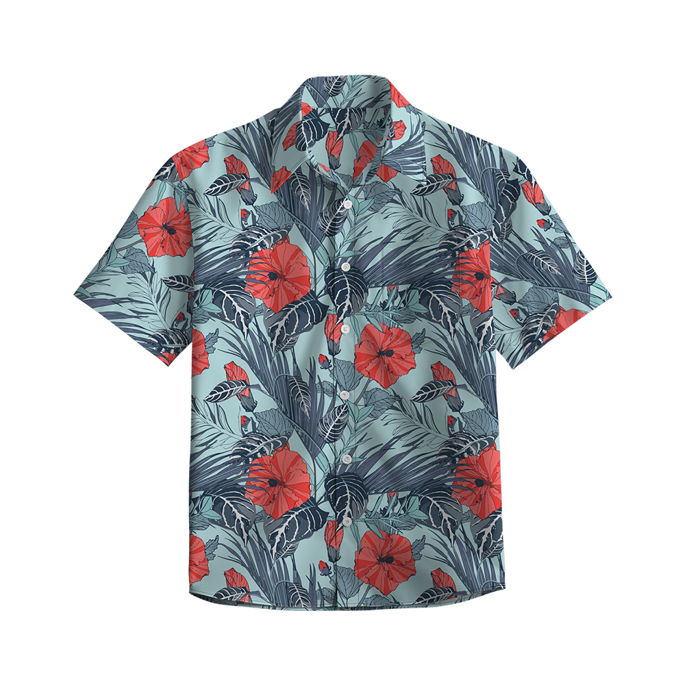 100% Cotton Men's Blue Floral Print Short Sleeve Shirt