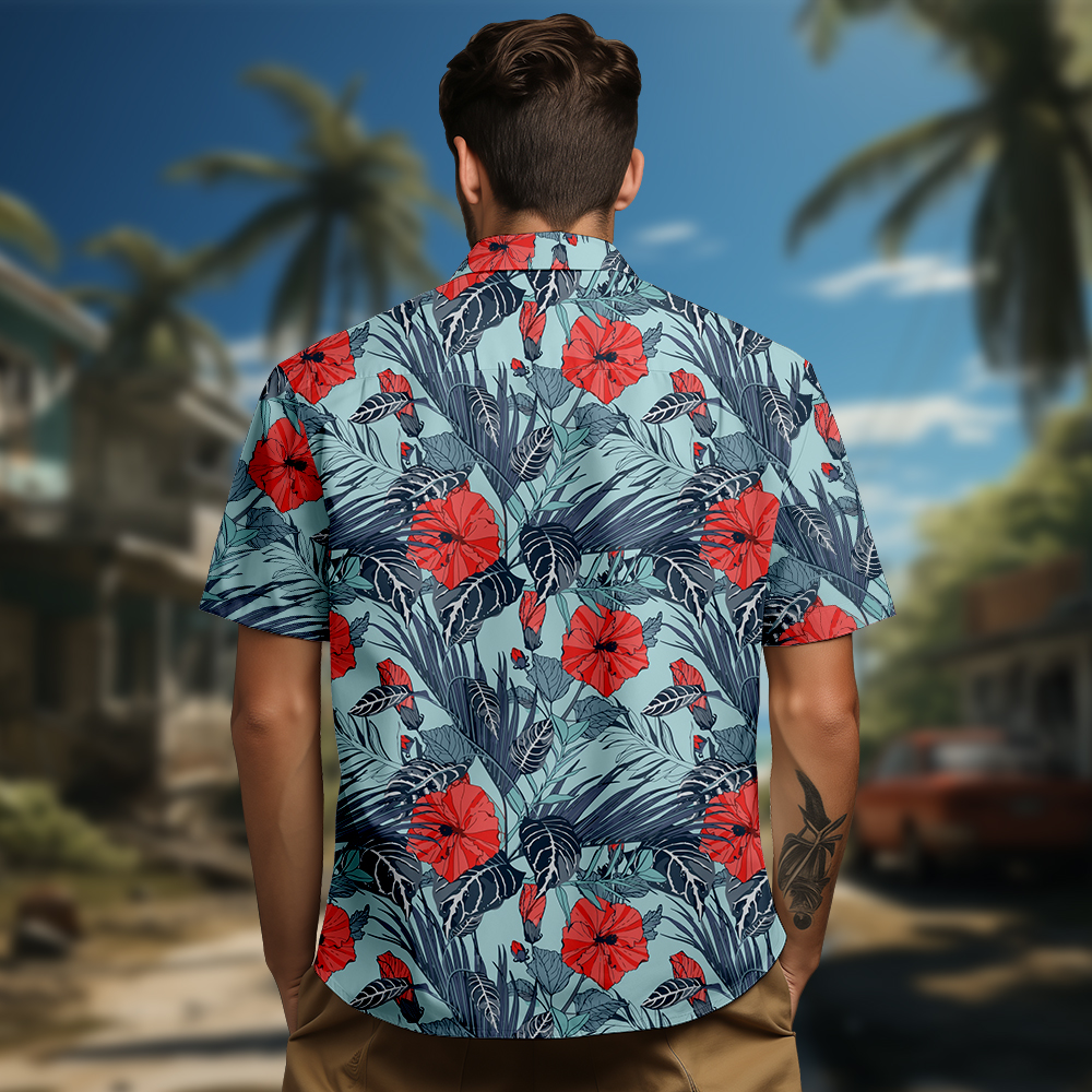 100% Cotton Men's Blue Floral Print Short Sleeve Shirt