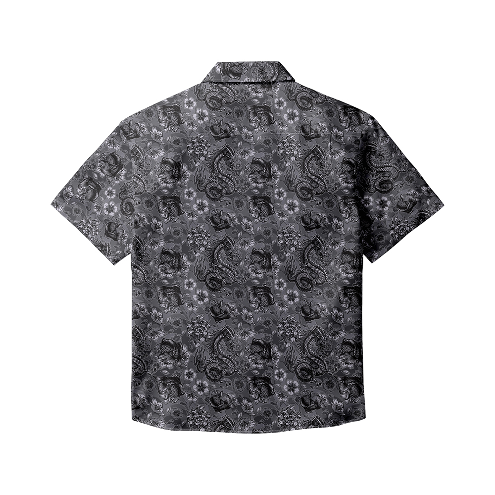 100% cotton Men's black dragon print short sleeve shirt