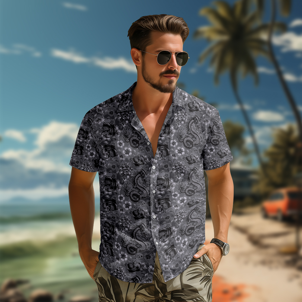 100% cotton Men's black dragon print short sleeve shirt