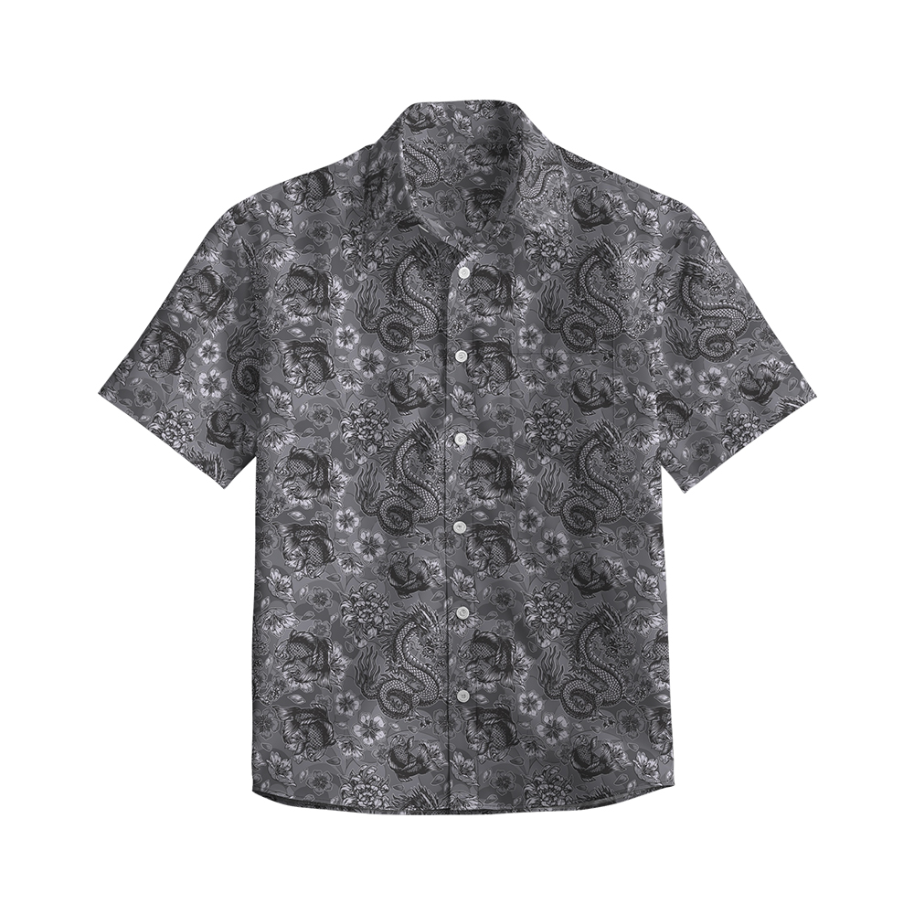 100% cotton Men's black dragon print short sleeve shirt
