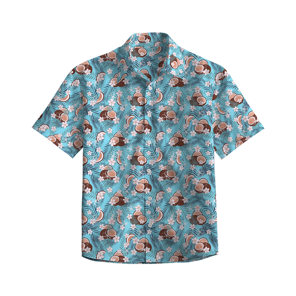 100% Cotton Men's Blue Coconut Print Short Sleeve Shirt