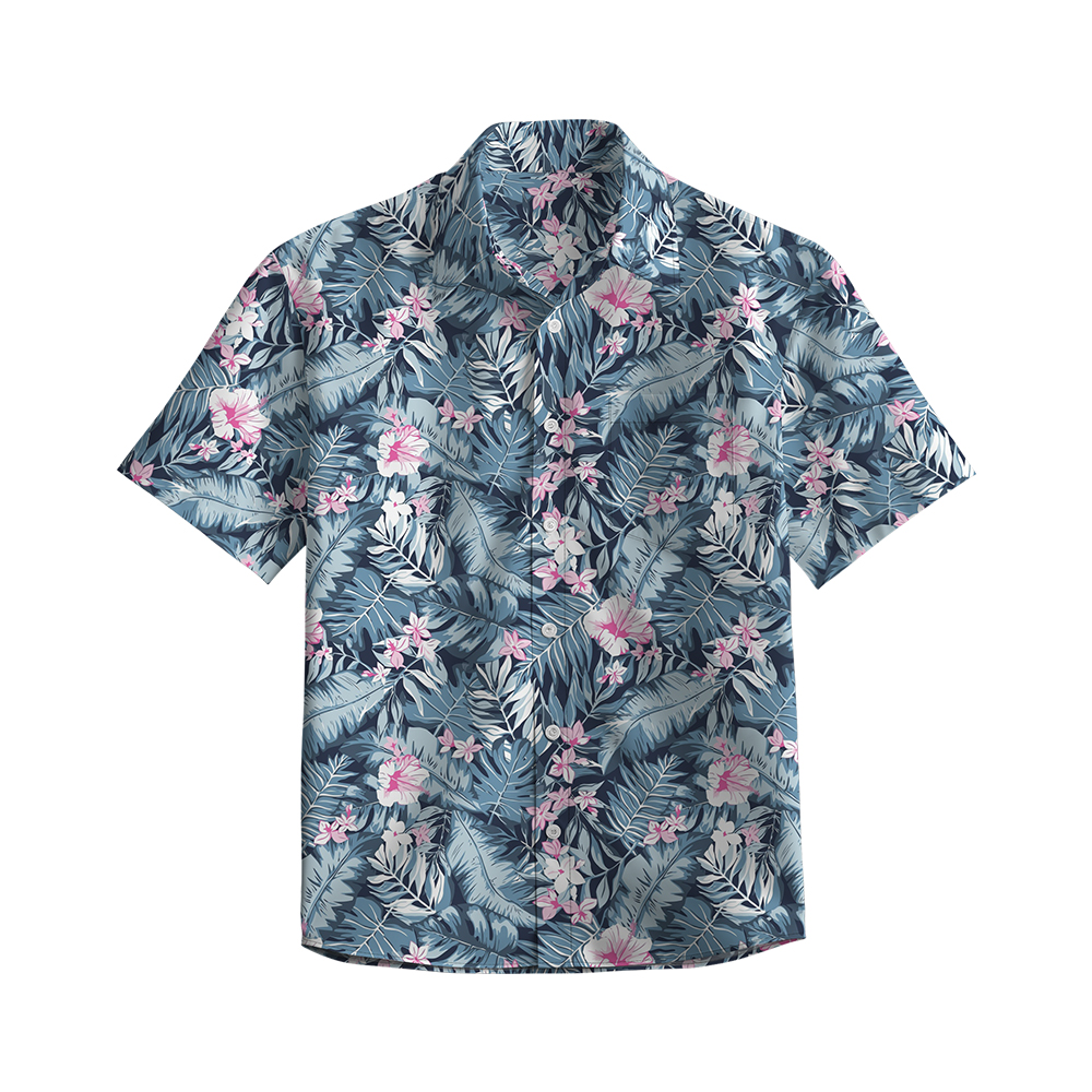100% Cotton Men's Blue Jungle Print Short Sleeve Shirt