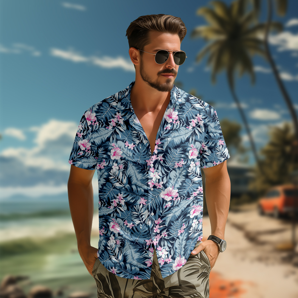 100% Cotton Men's Blue Jungle Print Short Sleeve Shirt