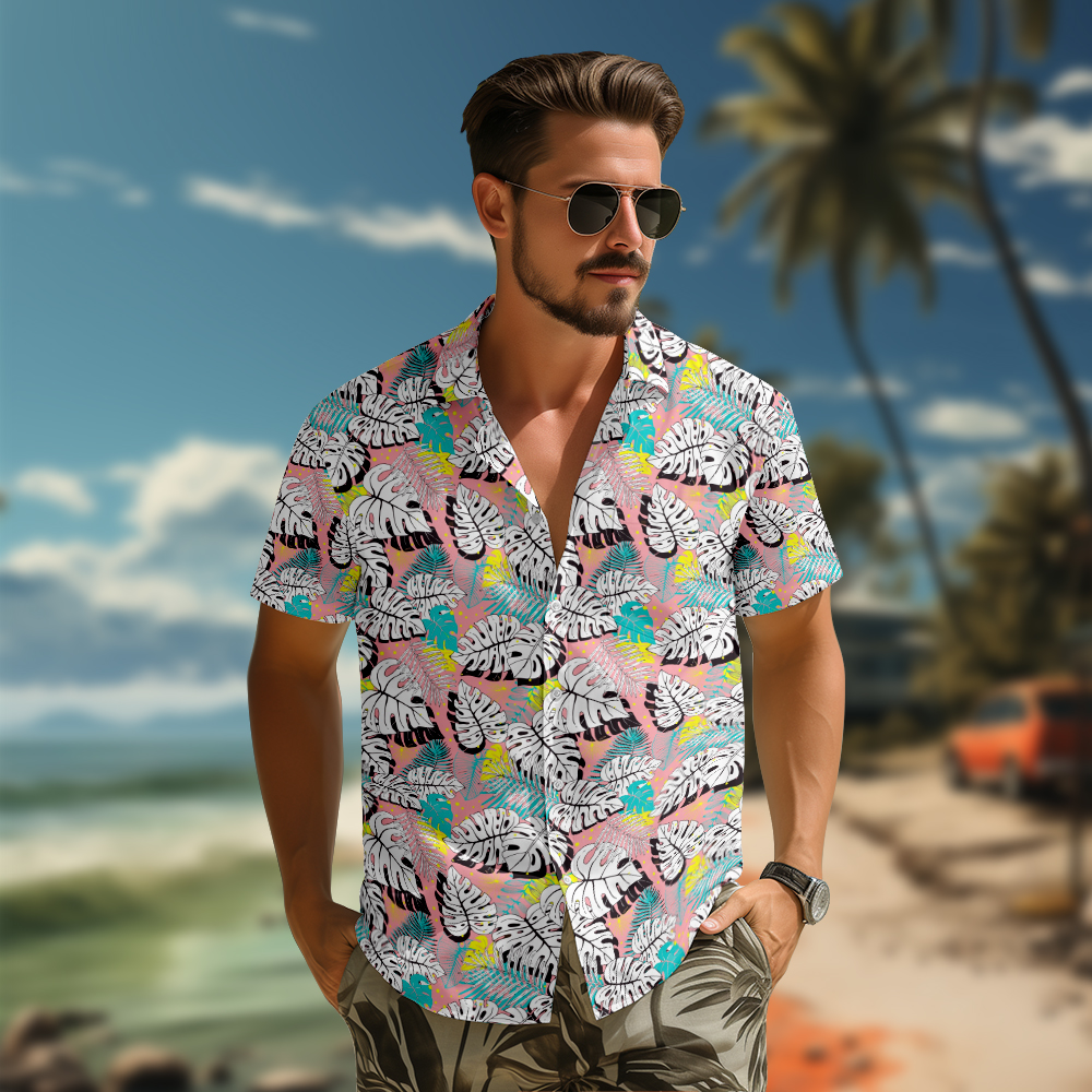 100% Cotton Men's Pink Jungle Print Short Sleeve Shirt