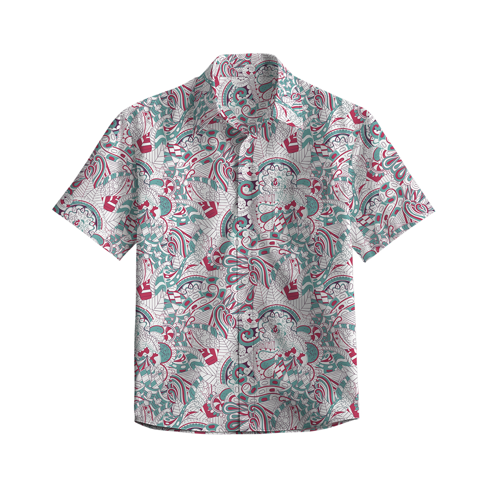100% Cotton Men's White Ethnic Totem Print Short Sleeve Shirt