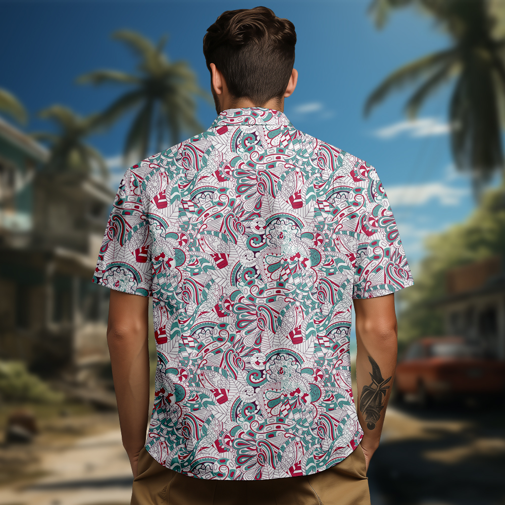 100% Cotton Men's White Ethnic Totem Print Short Sleeve Shirt