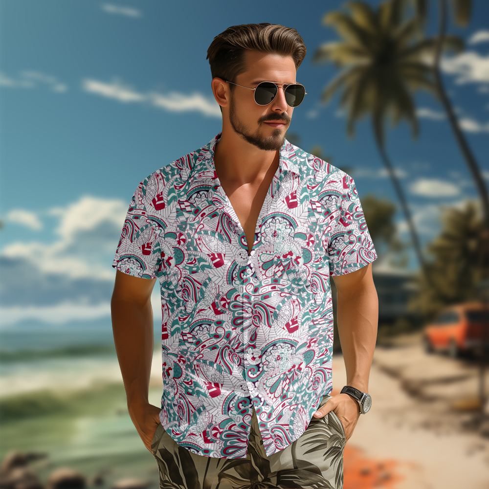 100% Cotton Men's White Ethnic Totem Print Short Sleeve Shirt