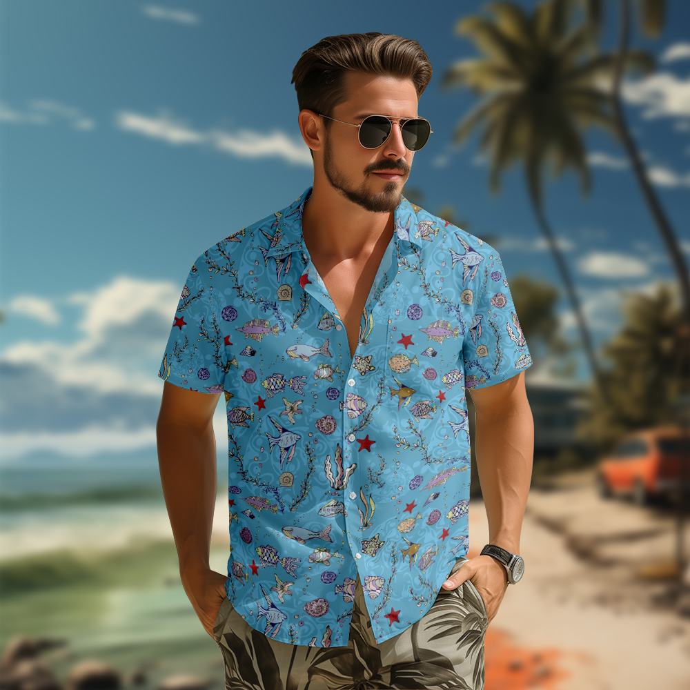 100% Cotton Men's Blue Ocean Print Short Sleeve Shirt