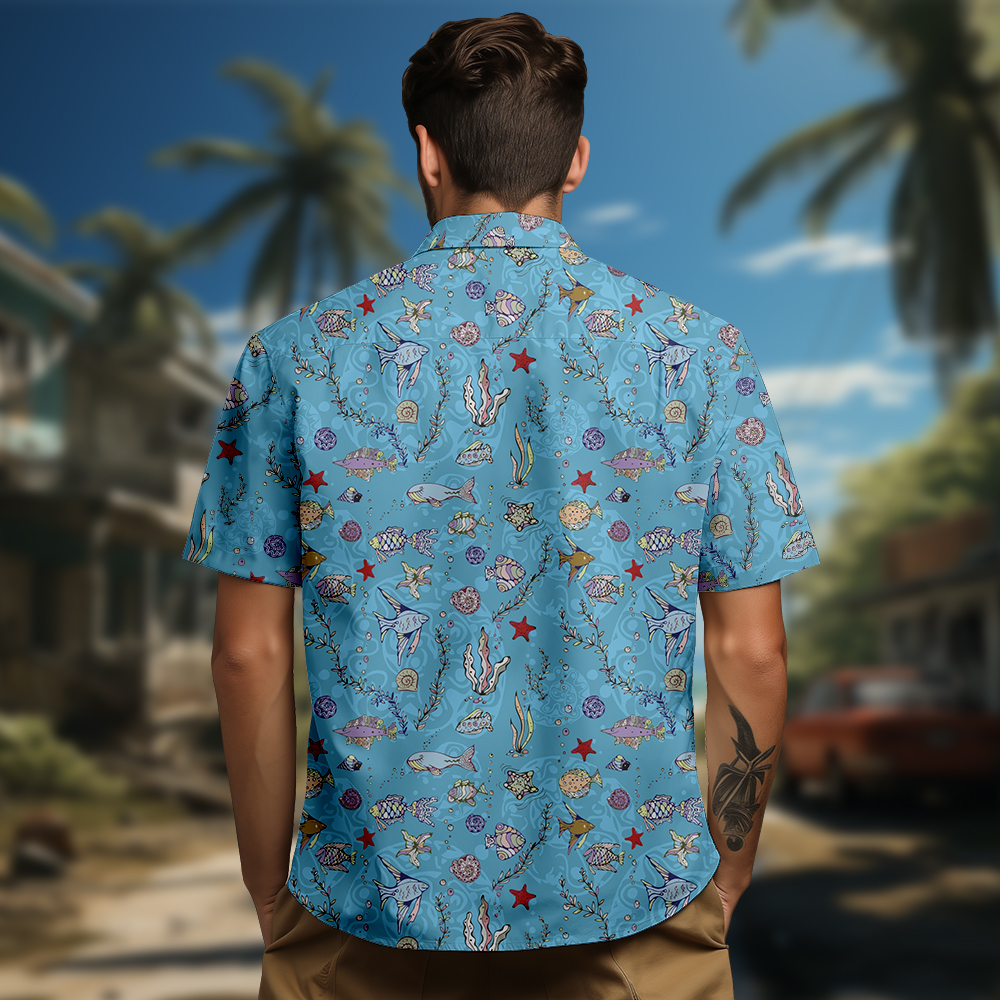 100% Cotton Men's Blue Ocean Print Short Sleeve Shirt