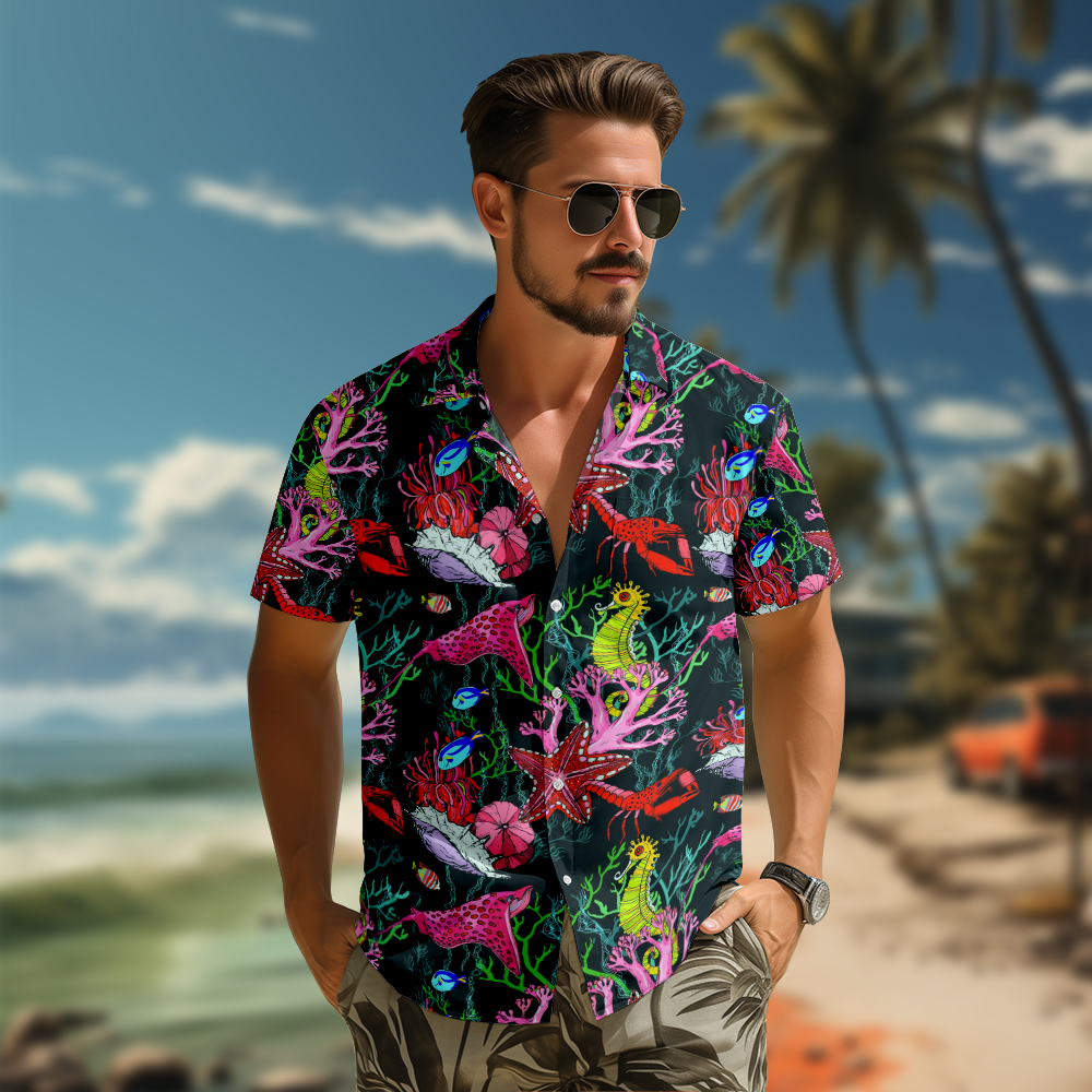 100% Cotton Men's Pink Ocean Print Short Sleeve Shirt