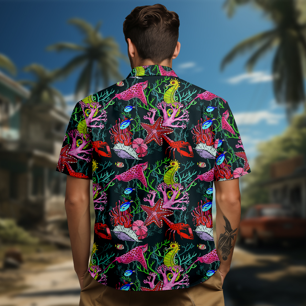 100% Cotton Men's Pink Ocean Print Short Sleeve Shirt